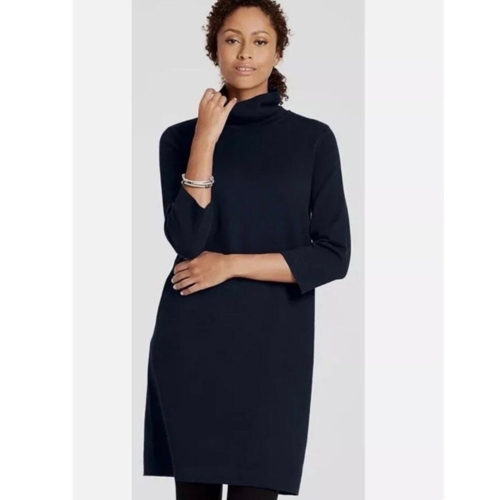 J. Jill Sweater Dress Women Small Navy Blue Turtleneck 3/4 Sleeve Minimalist